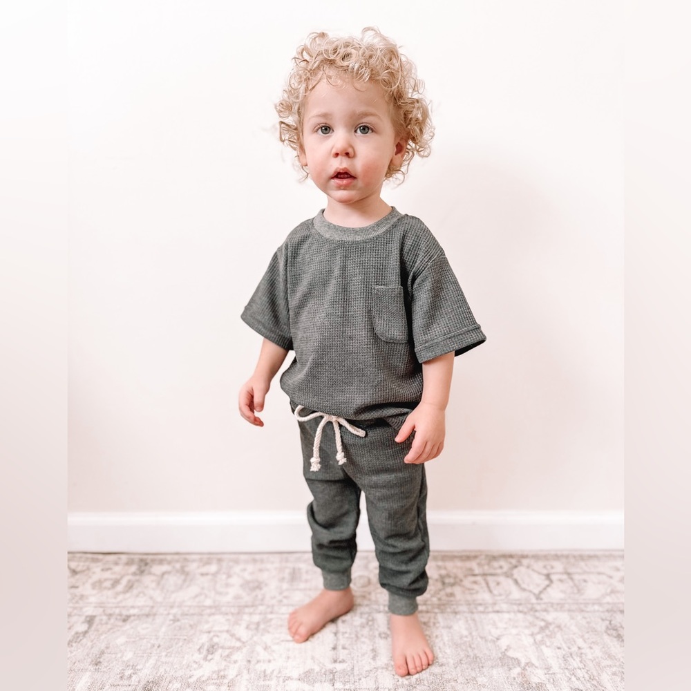 Gender neutral boutique (ZOVI) waffle knit jogger set.